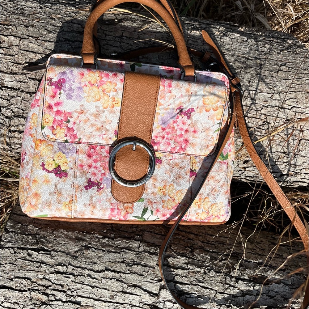 Dana Buchman Cream Watercolor Floral Flowery Crossbody Purse Saddle Handbag